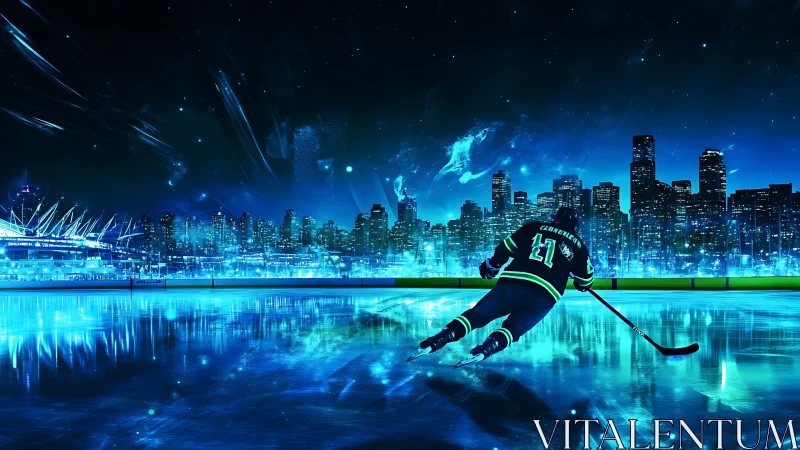 Midnight city hockey dream glowing across the frozen rink.