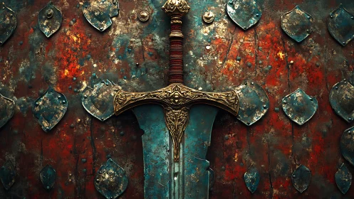 Battleworn greatsword resting against rusted shielded gate.