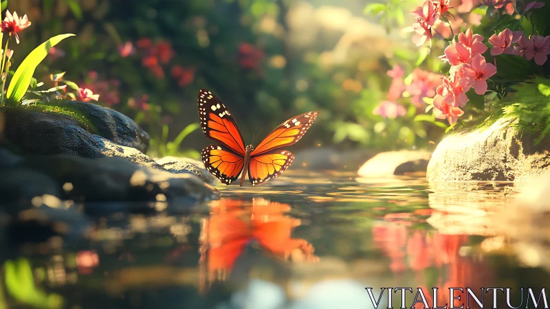 Orange butterfly above reflective stream in floral setting.