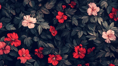 Floral Composition with Vibrant Red and Pale Pink Blooms Against Dense Dark Foliage