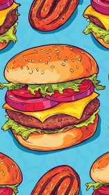 Bold cartoon burger pattern with hot dog accents on blue.