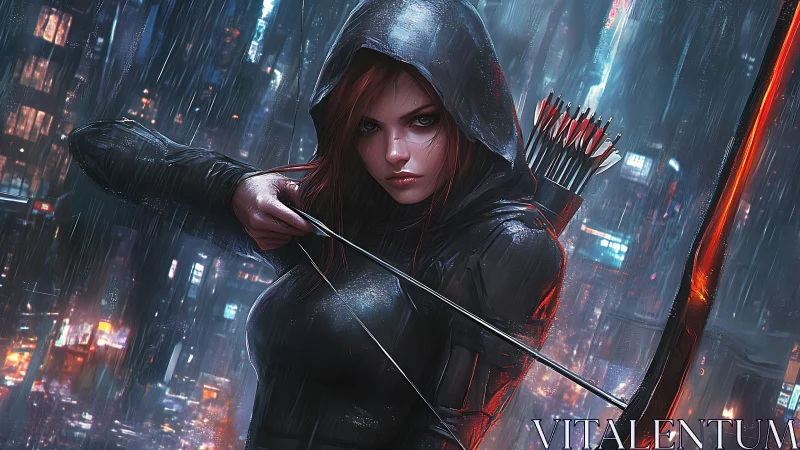 Hooded archer poised in neon drenched cyberpunk downpour.
