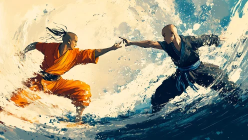 Martial artists channeling opposing water currents mid clash.