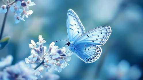 Blue butterfly on pale blossoms in soft-focus garden scene.