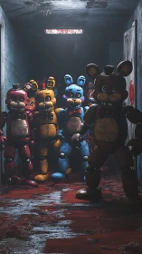 Animatronic mascots advance through gore-stained corridor in 3D