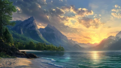 Coastal lake shoreline with distant mountain range at sunrise.