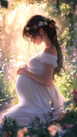 Pregnant woman kneeling in soft sunlight forest clearing