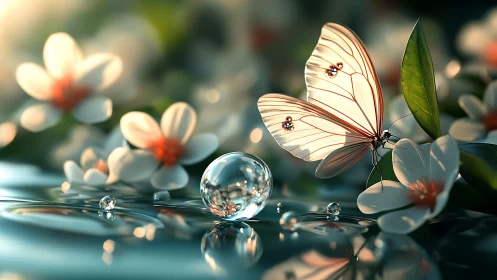 Luminous butterfly beside glassy water droplet among blossoms.