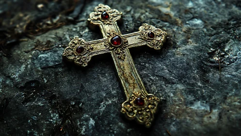 Weathered golden cross resting like a relic on rugged stone.