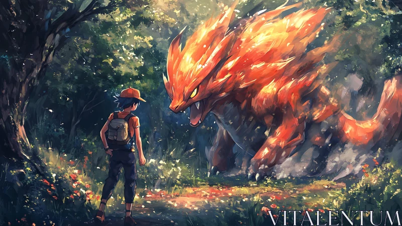 Forest confrontation with incandescent draconic entity rendered.