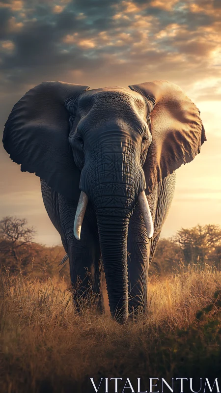 Elephant stands in dry grassland under diffused sunset light