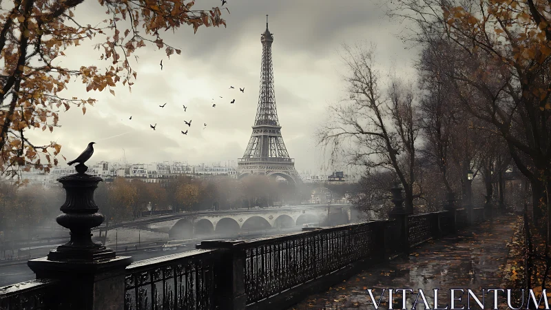Fog-draped Eiffel morning walks quietly through autumn rain