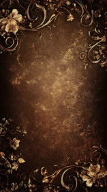 Golden floral frame on vintage textured brown background.