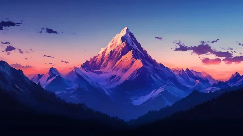 Alpenglow illuminates a stylized alpine peak at dusk