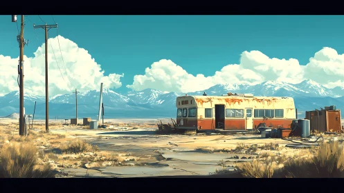 Rusting desert trailer under vast alpine cloudscape panorama.
