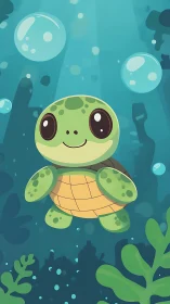 Digital painting of cute sea turtle in stylized ocean scene.