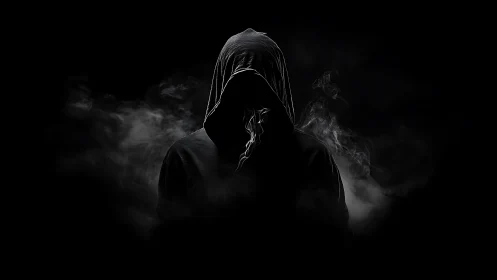 Hooded phantom rising from shadowed smoke and midnight silence.