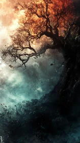 Twisted tree silhouette with contrasting fiery and cool sky.