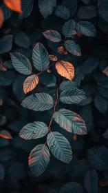 Backlit compound leaves display teal foliage and warm rim lighting
