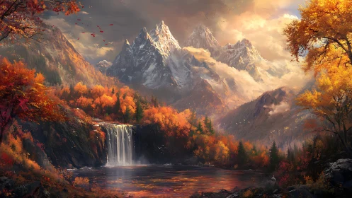 Autumnal mountains and waterfall glow in warm evening light.