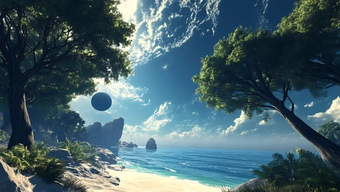 Surreal Coastal Portal with Dark Sphere.