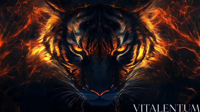 Firelit tiger portrait with symmetrical glowing embers framing.
