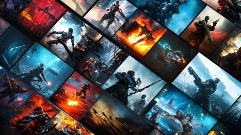 Diagonal montage of sci‑fi combat scenes with high‑contrast lighting