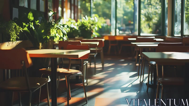 Sunlit cafe interior with empty tables and lush plants.