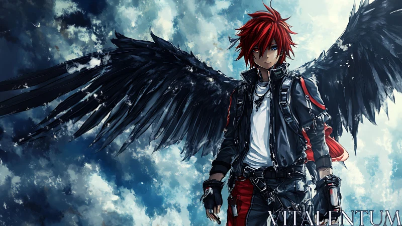 Red haired winged boy in dark urban outfit against sky