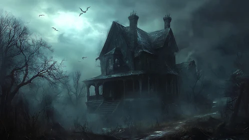 Gothic haunted mansion in dense fog, cinematic digital painting.