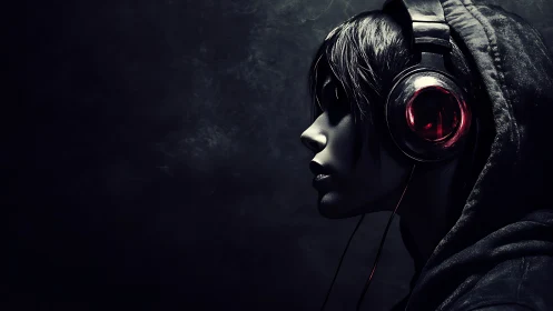 Cybernetic profile portrait with red-lensed over-ear headset