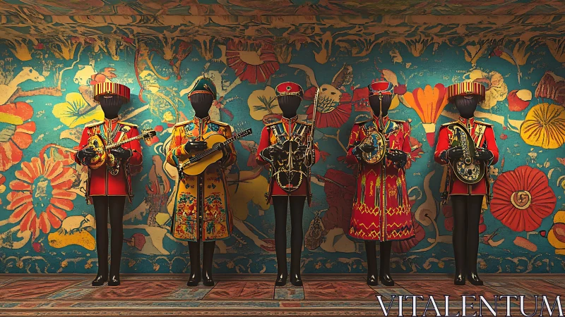 Mannequin band in ornate uniforms evokes psychedelic pageantry