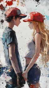 Two anime teens stand face to face holding hands calmly