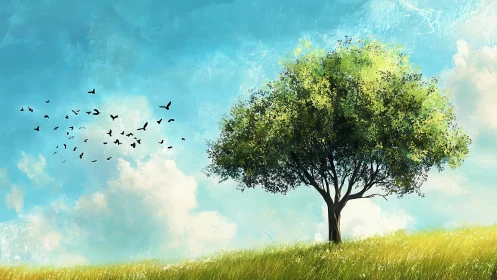 Lone Tree on a Sunny Meadow in Digital Painting Style.