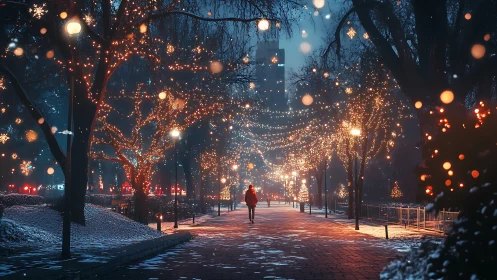 Winter city park pathway glows under dense festive bokeh lights