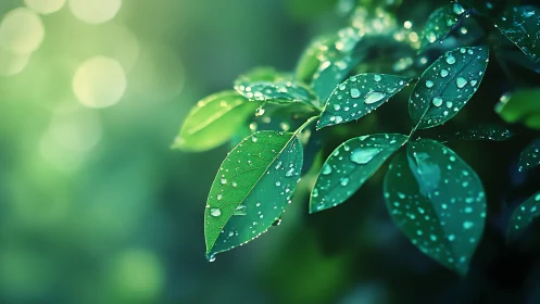 Dew-covered green leaves with soft bokeh background glow.