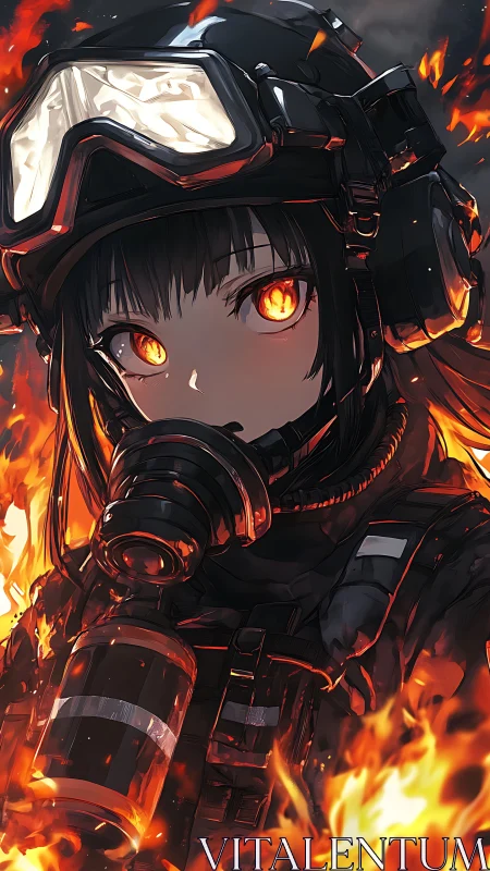 Firelit guardian girl in tactical gear amid roaring flames.
