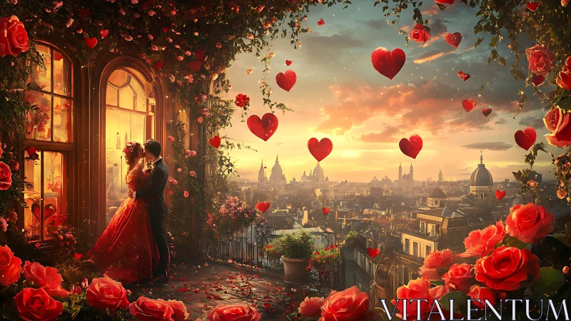 Parisian Sunset Balcony: Romance, Red Roses, Floating Hearts, Cityscape.