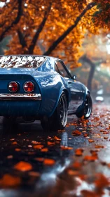 Blue classic coupe on wet autumn street with foliage above.