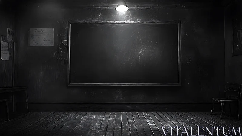Noir classroom interior with empty chalkboard focal frame.