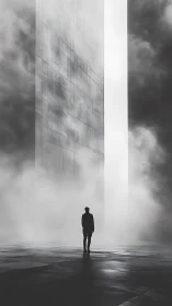 Solitary figure approaches luminous monolith in dense fog