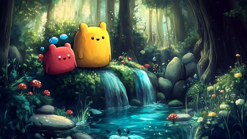 Stylized anthropomorphic creatures in luminescent forest ecosystem.