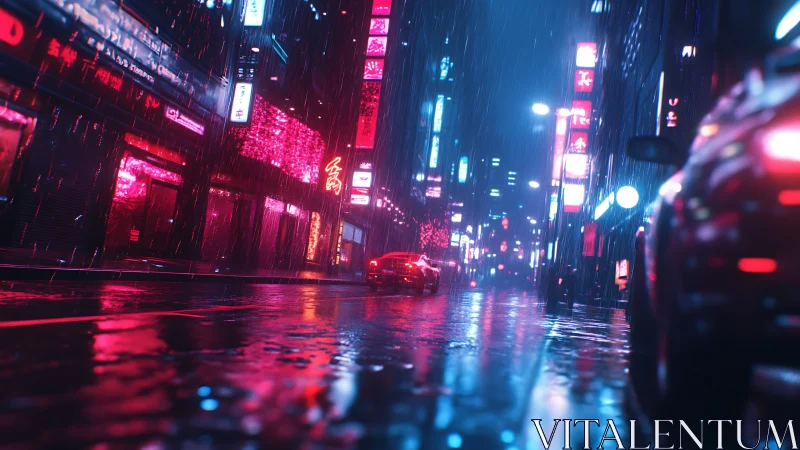 Neon‑lit rainy cyberpunk street with wet reflective asphalt