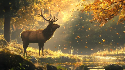 Majestic stag in autumn forest bathed in golden sunlight, photorealistic style.