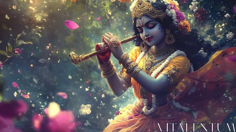 Divine blue flutist swirling petals in enchanted forest.