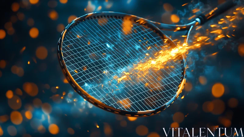 Fiery tennis racket in motion amid glowing bokeh sparks.