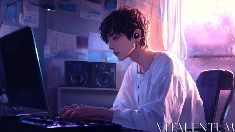 Person works at computer in dim room with mixed lighting