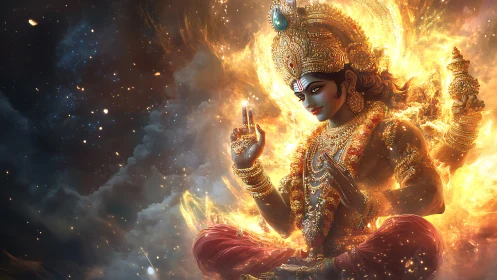 Hindu deity in fiery cosmic space with glowing ornamented form.