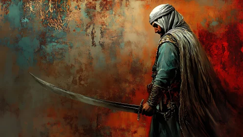 Reflective desert warrior resting his curved blade in silence.