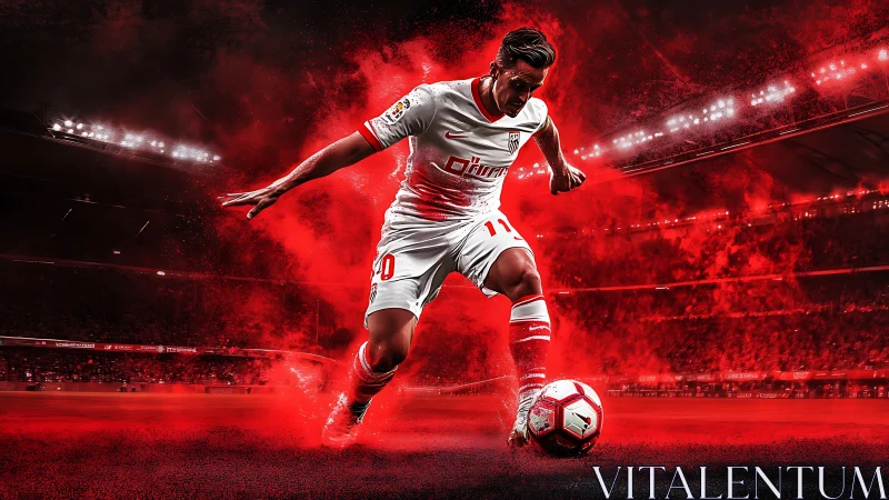 Dynamic soccer player dribbling ball in red stadium haze.
